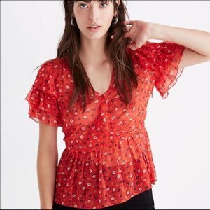 MADEWELL‎ womens floral top sz 0 tiered peplum red ruffled blouse fairy dainty